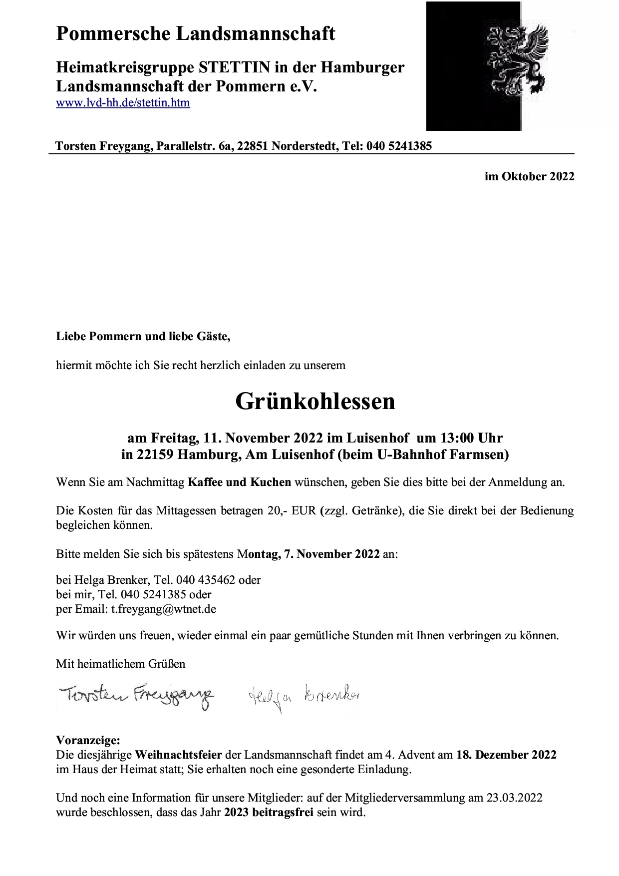 Einladung zum Grünkohlessen am 11.11.2022